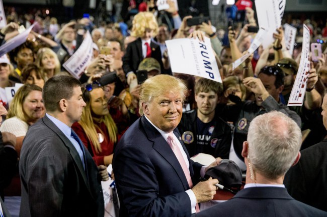 Republican presidential candidate Donald Trump greets members of the audience after speaking at a rally at Valdosta State University in Valdosta, Ga., Monday, Feb. 29, 2016. (AP Photo/Andrew Harnik)