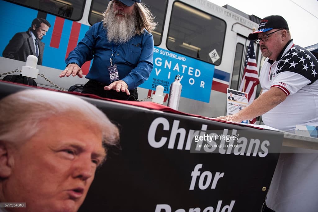 CLEVELAND, OH - JULY 18: David Servin, left, lays out pro-Trump literature prior to a rally at Settler's Landing near downtown Cleveland on July 18, 2016. (Photo by Michael Robinson Chavez/The Washington Post)